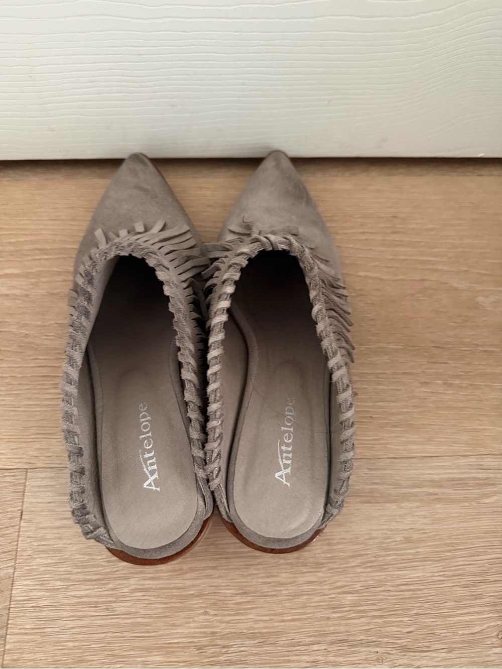 Antelope Taupe Suede Pointed Fringe shoe